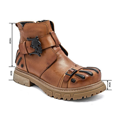 Martin Boots Men Punk Rock Tooling brown leather shoes with chunky heel and non-slip rubber sole.