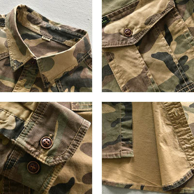 American camouflage workwear shirt in street fashion style, featuring long sleeves and solid color pattern, suitable for adult males.