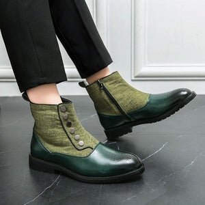 Cloth Stitching High Top Wild British Martin Casual Men's Leather Shoes in green with side zipper and low heel.