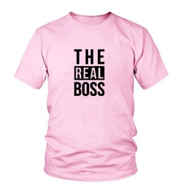 Pink men's T-shirt with "The Real Boss" print, featuring short sleeves and a round collar; DIY fashion style.