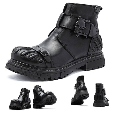 Martin boots for men in punk rock style with tooling machinery design, featuring lace-up closure, big head leather, cotton lining, and chunky rubber sole.