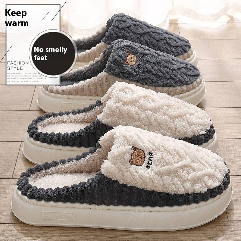 Cute bear plush slippers with warm fleece and non-slip PVC sole, designed for indoor use by men and women.