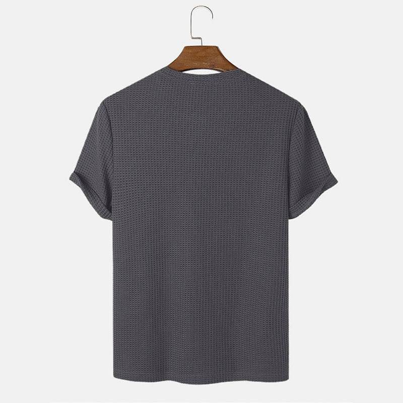 Men's dark grey summer solid color round neck T-shirt with short sleeves, slim fit style, polyester rayon material.