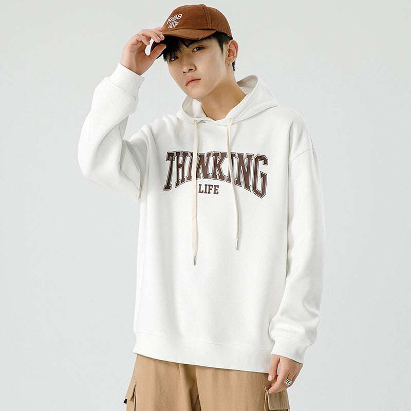 Men's Fashion Casual Loose Jacket Pullover in white with "Thinking Life" print.