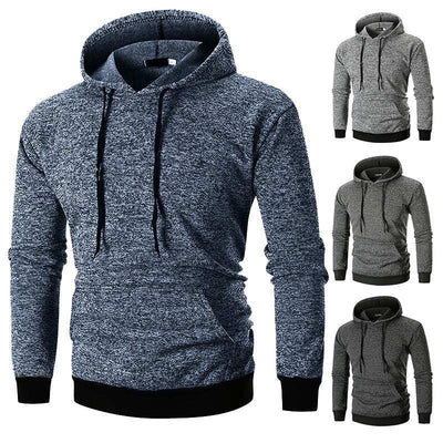 Men's large pocket pullover hooded solid color coat sweatshirt in black, blue, and gray, slim fit, cotton blend.