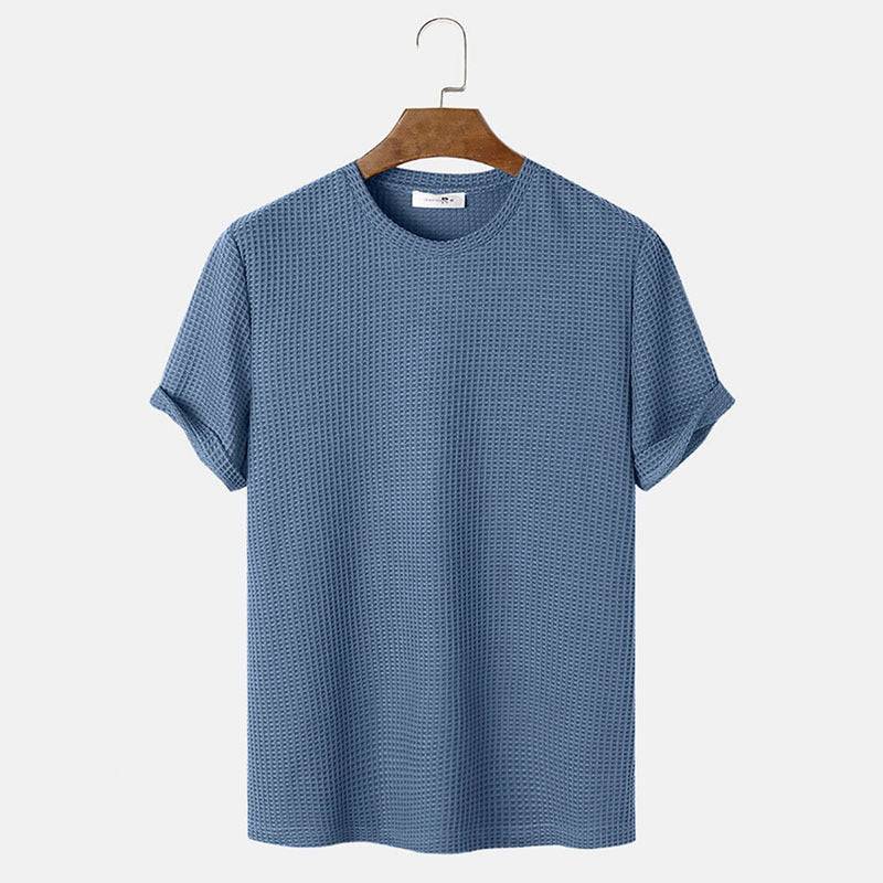 Men's summer blue round neck t-shirt, slim fit, polyester rayon, short sleeve, solid color.