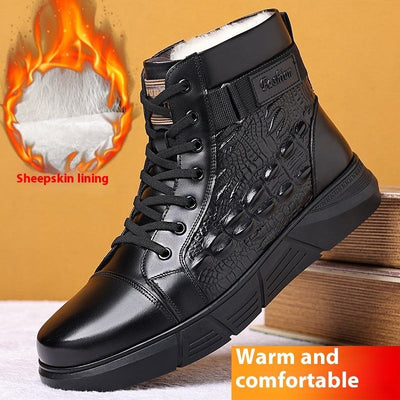 Fur Integrated Warm Snow Cotton Boots with sheepskin lining, lace-up design, non-slip rubber sole.