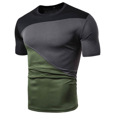 Men's slim fit short sleeve tee in green and gray polyester, youth pop style.