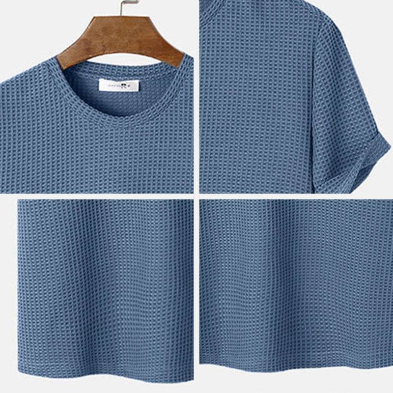 Men's summer solid color round neck basic T-shirt in blue, slim fit, long sleeve, polyester rayon material.