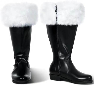 Man Boots with White Plush for Halloween, Black, Mid-Calf, Chunky Heel, Artificial PU.