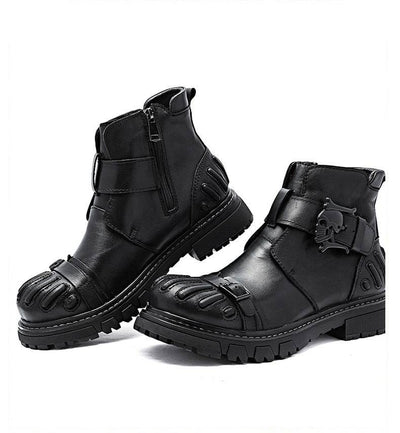 Men's punk rock leather boots with chunky heel and round toe.