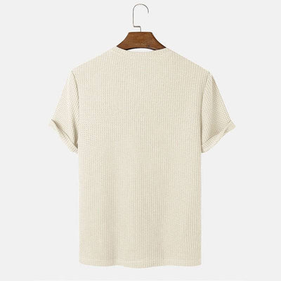 Men's beige round neck T-shirt with slim fit and short sleeves.