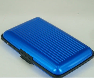 Blue aluminum alloy credit card and business card holder with stripe pattern.