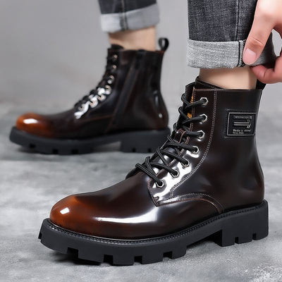 Men's high-top breathable leather workwear boots with chunky heel and front lace-up design in reddish brown.