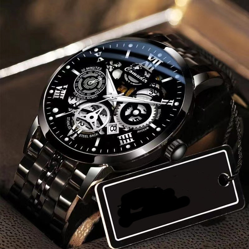 Fashion Jewelry Hollow Men's Watch Men's Waterproof Luminous CalendarProduct information:
 
 Color: 022 black steel black surface, 022 diamond gold surface, 022 silver steel black surface, 022 silver steel white surface, 022 black andJewelry & Watch21st Century Male21st Century MaleFashion Jewelry Hollow Men'