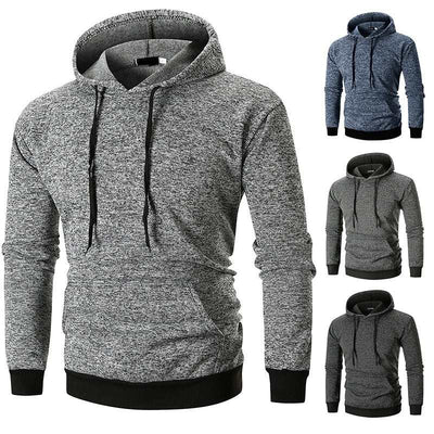 Men's large pocket pullover hooded solid color coat sweatshirt, shown in assorted colors including black, blue, and gray.