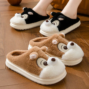 Cute squirrel home decor slippers in black and khaki, warm and fluffy for men and women.