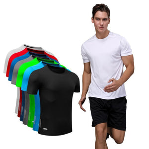 Men's quick-dry running slim fit T-shirts in various colors, featuring short sleeves and a round neck design.