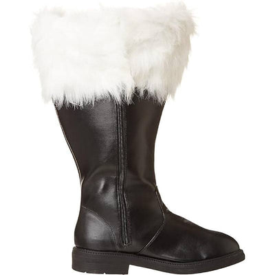 Men's black mid-calf boots with white plush trim, chunky heel, side zipper, and Napa texture for Halloween and Christmas.