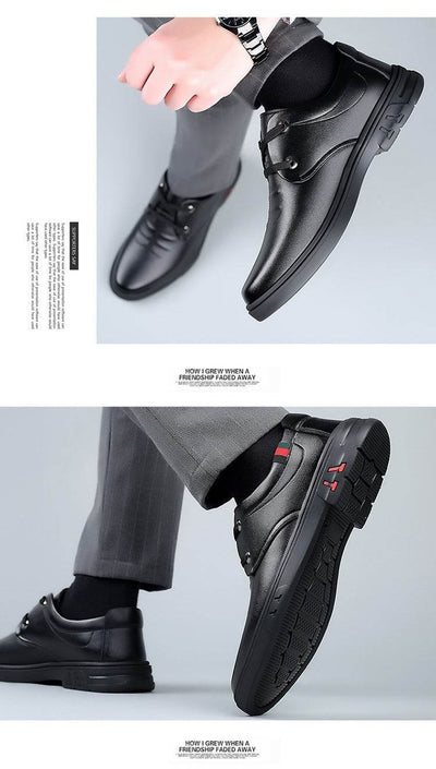 Soft leather casual round toe leather shoes in black, featuring low wedge heel and lace-up design.