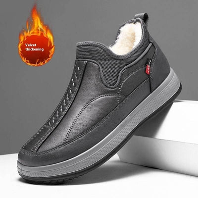 Winter warm fleece snow boots with round-toed platform, synthetic leather, flat heel, non-slip sole, and velvet lining, in gray.