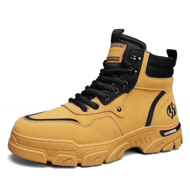 Men's Martin boots in yellow with mesh lining, front lace-up, mid-calf length, low flat heel, and round toe design.