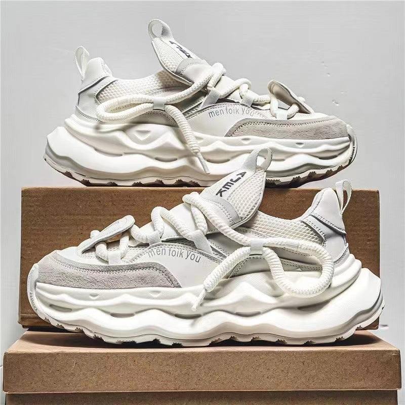 Men's white casual sports running shoes with thick platform sole and mesh lining.