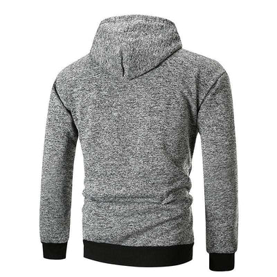 Men's pullover hooded sweatshirt with large pocket in dark gray cotton blend.