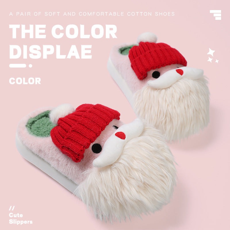 Cute Christmas Santa Claus plush home slippers, winter warm indoor footwear, non-slip design for women.