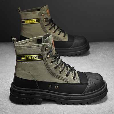 Thick-soled canvas casual men's motorcycle boots in green with leather stitching and front lace-up closure.