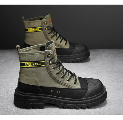 Thick-soled green canvas men's casual motorcycle boots with lace-up design and non-slip soles.