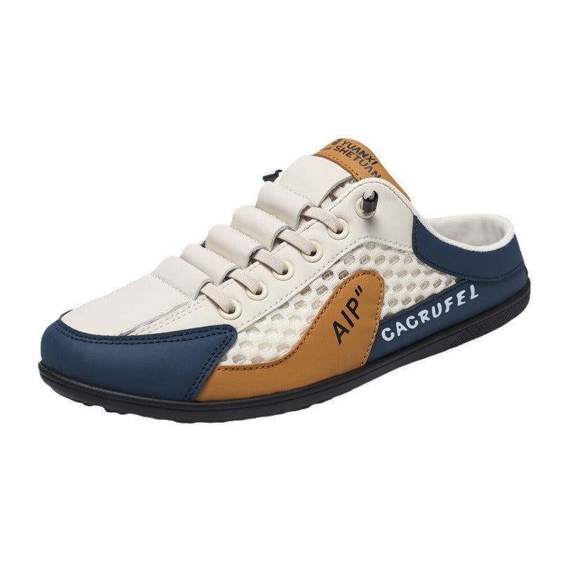 Summer slippers for indoor and outdoor use with rubber sole and artificial leather upper in white, brown, and navy design.