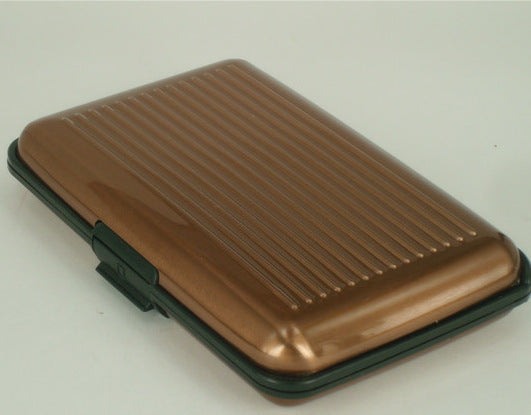 Brown aluminum alloy credit card holder with stripe pattern.