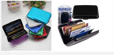 Aluminum alloy credit card bag and business card holder with multiple colors for storage and anti-theft protection.