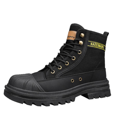 Thick-soled black canvas casual sports men's motorcycle boots with front lace-up design.