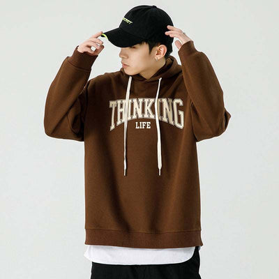 Men's brown fashion casual loose jacket pullover with hood.