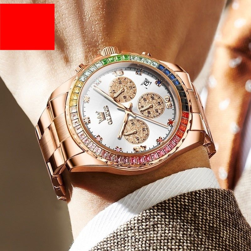 Multi-functional three-eye quartz men's watch with steel belt and rose gold face, featuring a business style design and coated glass mirror.