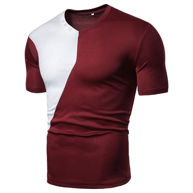 Men's casual short sleeve tee, wine red and white color block design, polyester, youth pop style.