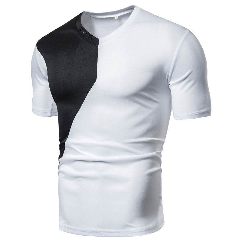 Men's casual short sleeve tee, slim fit, polyester, black and white design.