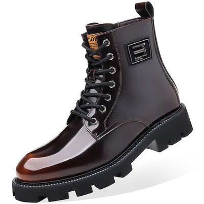 Men's high-top soft leather mid-top workwear boots in glossy brown, featuring a chunky heel and front lace-up design.