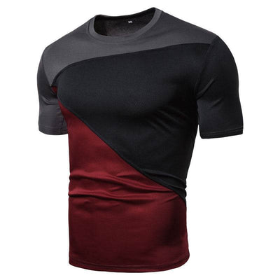 Men's casual slim-fit polyester t-shirt in black and wine red with short sleeves.