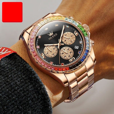 Multi-functional three-eye quartz men's watch with rose gold steel strap and black face.