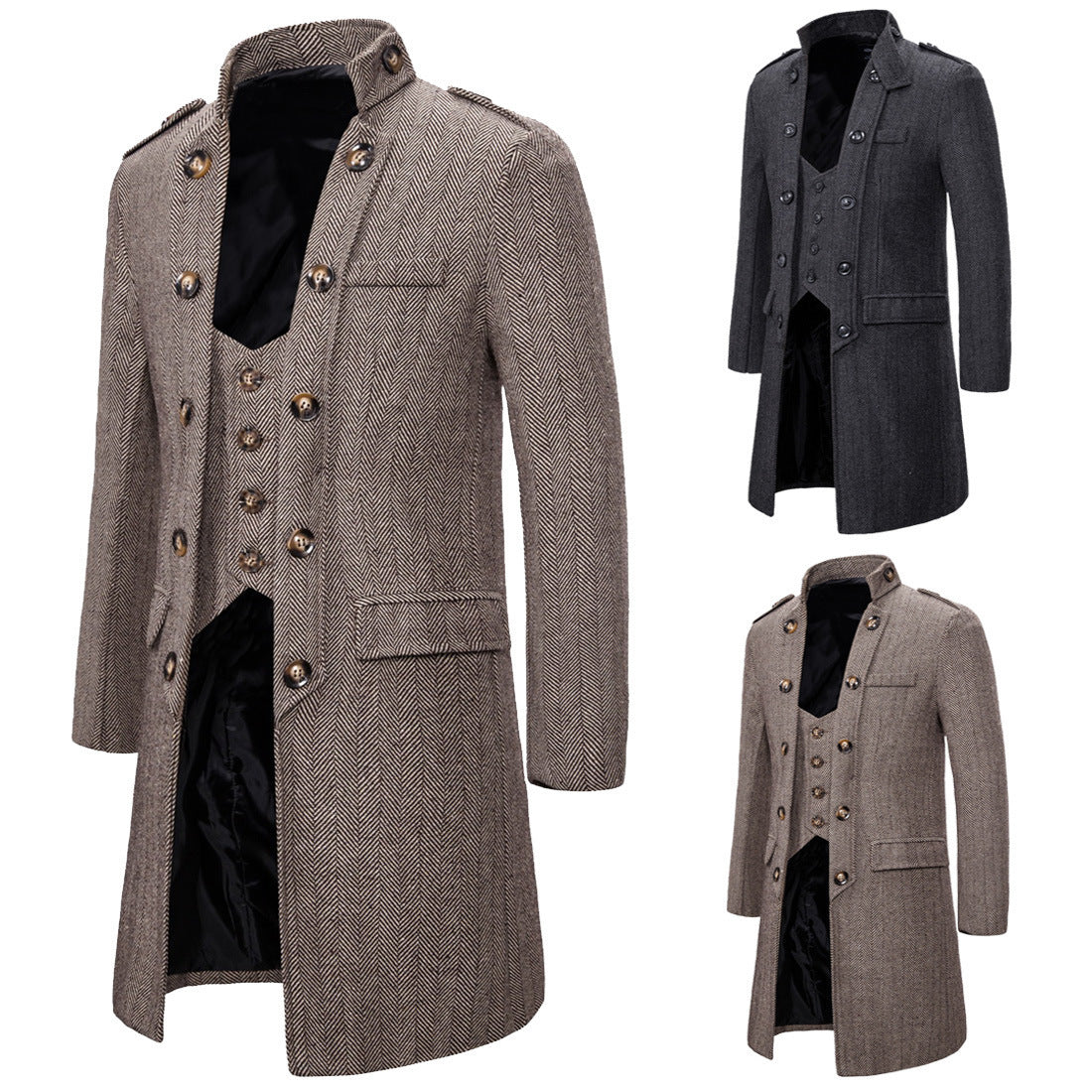 European Size Mid-length Men's Herringbone Overcoat