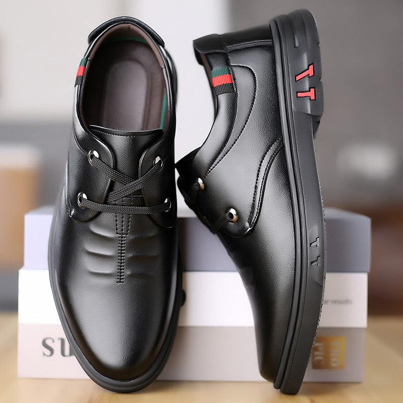 Soft leather casual round toe shoes with lace-up design in black, low wedge heel.