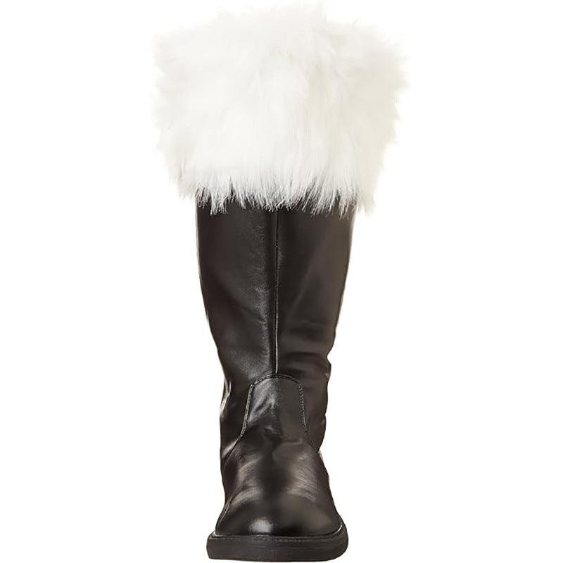 Man boots with white plush, black mid-calf, round toe, chunky heel suitable for Halloween.