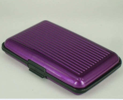 Purple aluminum alloy credit card holder with striped pattern.