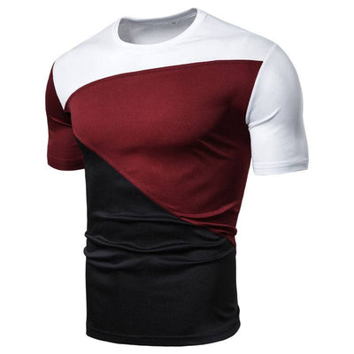 Men's short sleeve casual t-shirt, slim fit, polyester, in white, wine red, and black color block design.