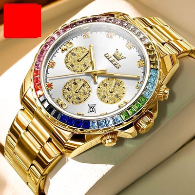 Multi-functional Three-eye Quartz Men's Watch with gold stainless steel strap and colorful bezel.