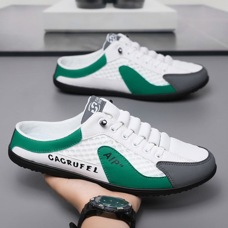 Summer slippers for indoor and outdoor use, featuring a rubber sole and artificial leather upper, shown in white and green.