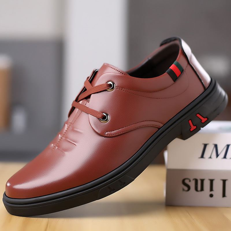 Soft leather casual round toe shoes, brown color, low wedge heel, lace-up style.